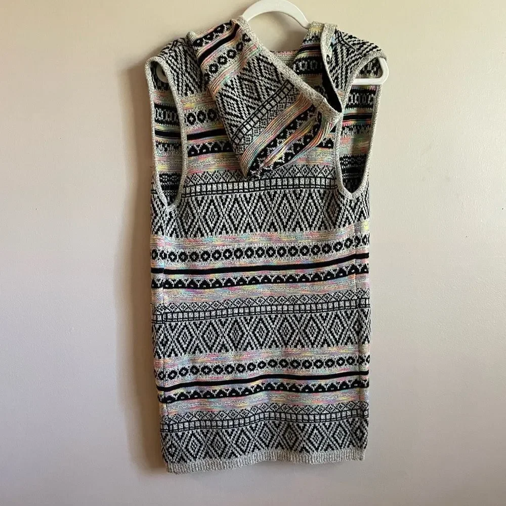 Monteau Multicolor Hooded Sleeveless Open Cardigan Knit Sz S‎